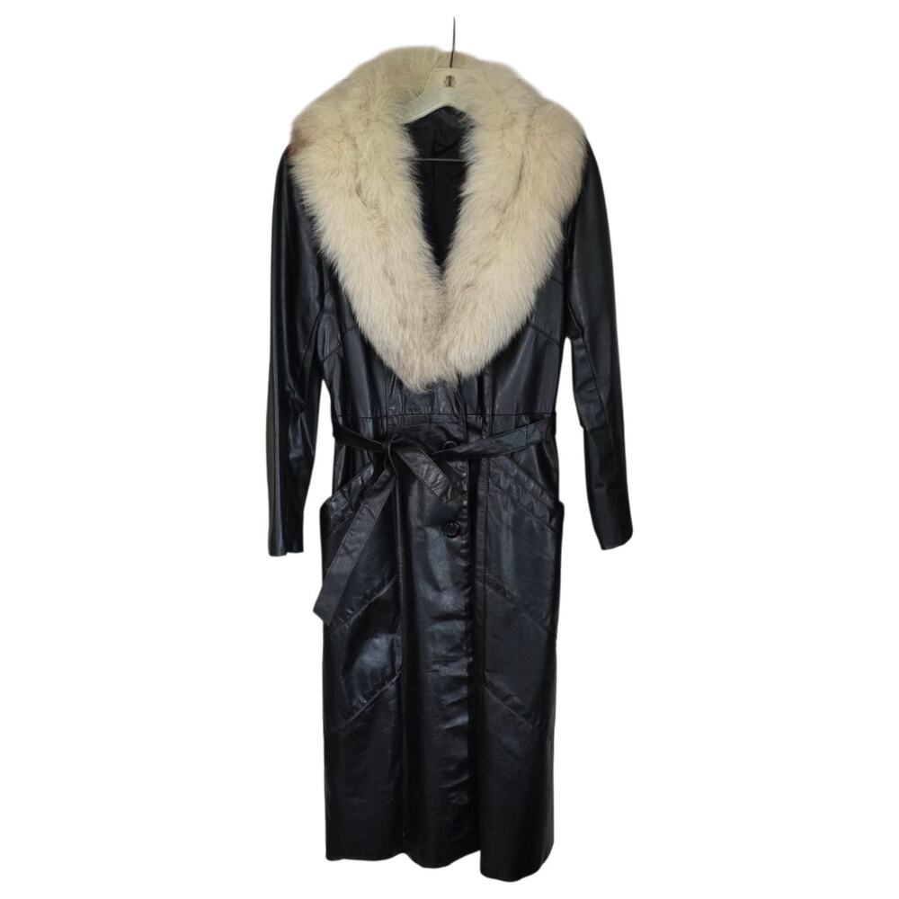 Vintage Black Genuine Leather Long Coat Fur Collar Belted Womens 11/12 Mob Wife